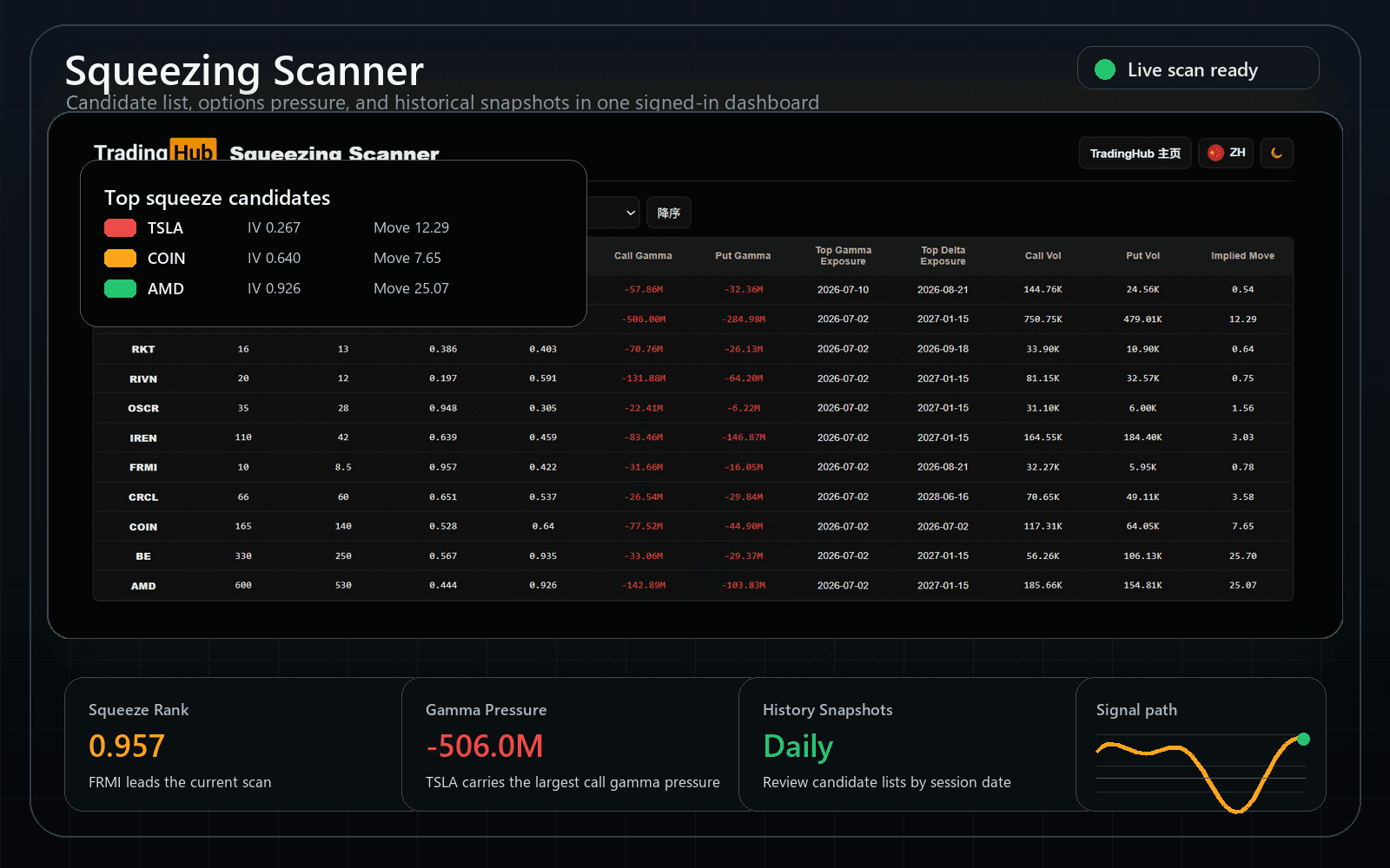 Squeezing Scanner 股票候选列表和期权数据排序表